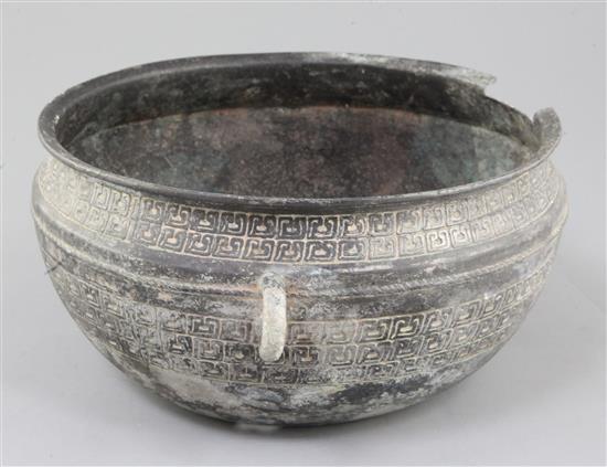 A Chinese archaic bronze flat-bottomed vessel, Eastern Zhou dynasty, 5th-4th century B.C., 31cm wide, losses